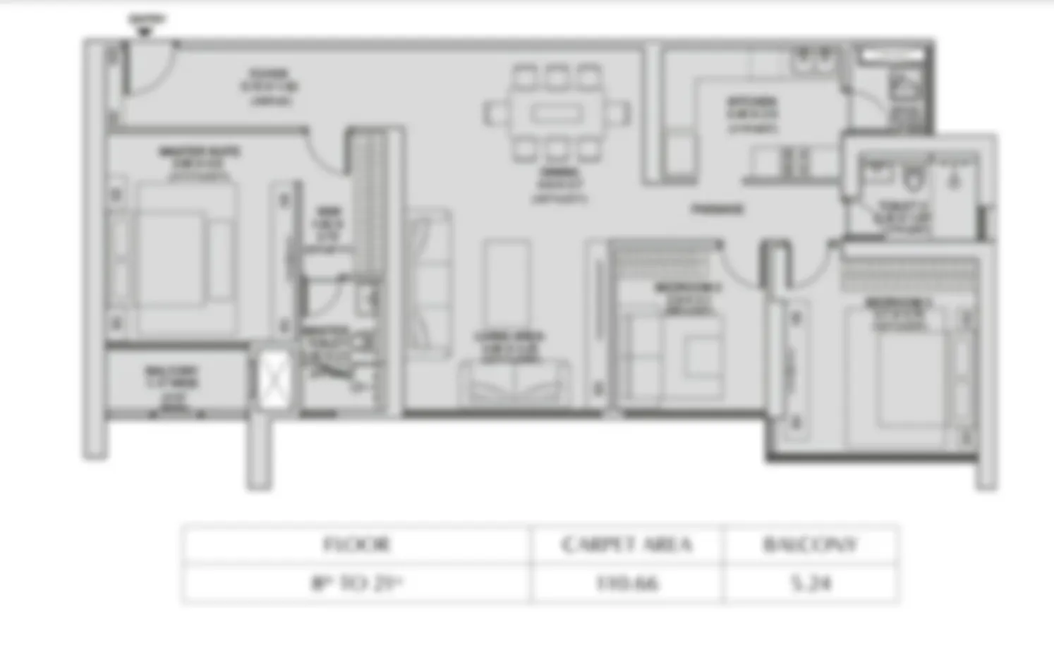Sattva Mylasandra 3 BHK (2 toilets) floor plan, 1,450 – 1,510 sq ft